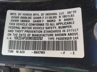 2021 Honda Insight EX with VIN 19XZE4F5XME003262, listed as a IAAI auction lot 41875669 with 43,005 mi miles and . Bid and sale history available at carsss.com. Image 9.