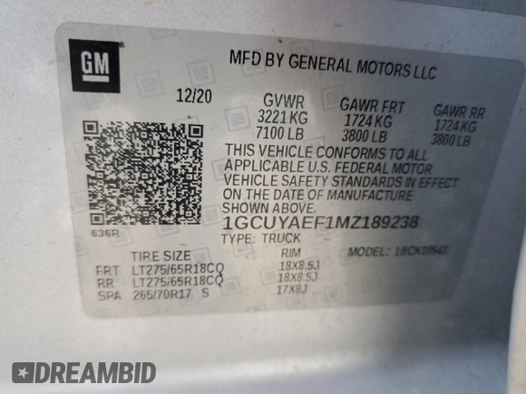 2021 Chevrolet Silverado 1500 Work Truck with VIN 1GCUYAEF1MZ189238, listed as a Copart auction lot 62217434 with Not Provided miles and Salvage Title. Bid and sale history available at DreamBid. Image 12.