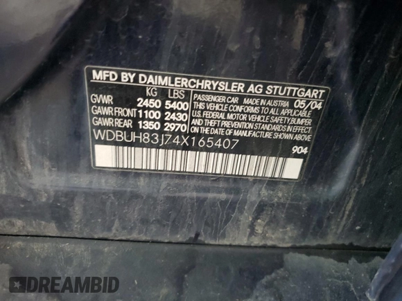 2004 Mercedes-Benz E 500 with VIN WDBUH83J74X165407, listed as a Copart auction lot 52716275 with 255,752 mi miles and Salvage Title. Bid and sale history available at carsss.com. Image 12.