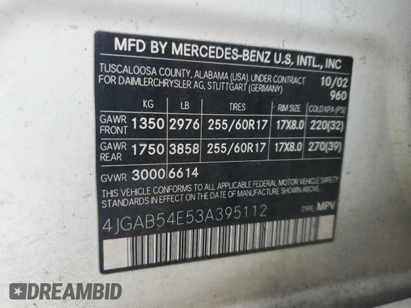 2003 Mercedes-Benz M-Class 3.2L with VIN 4JGAB54E53A395112, listed as a Copart auction lot 74948134 with 203,273 mi miles and Salvage Title. Bid and sale history available at carsss.com. Image 12.