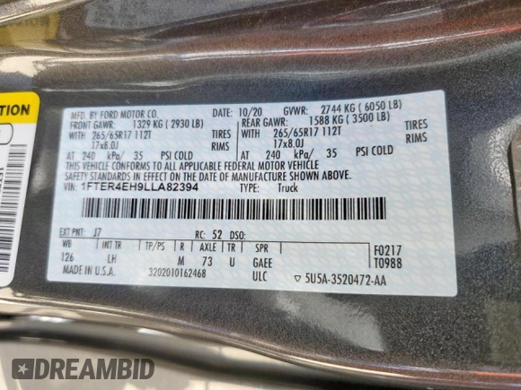 2020 Ford Ranger XL with VIN 1FTER4EH9LLA82394, listed as a Copart auction lot 45814825 with 28,360 mi miles and Salvage Title. Bid and sale history available at DreamBid. Image 12.