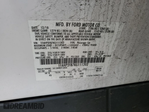 2019 Ford Taurus Limited z VIN 1FAHP2F87KG111202, wystawiony jako Copart lot #48339785 z przebiegiem 80 594 mil mil oraz Szkoda całkowita • Salvage title. Historia ofert i sprzedaży dostępna na DreamBid. Obrazek 12.