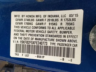 2015 Honda Civic LX with VIN 19XFB2F5XFE240773, listed as a IAAI auction lot 41920735 with 110,772 mi miles and . Bid and sale history available at DreamBid. Image 9.
