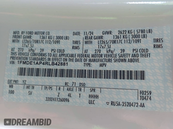 2024 Ford Bronco с VIN 1FMDE1AP4RLB42881, выставлен на аукционе IAAI как лот 42259960 с пробегом 3 797 миль миль и . История ставок и продаж доступна на DreamBid. Изображение 9.