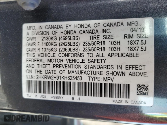 2019 Honda CR-V Touring with VIN 2HKRW2H91KH625453, listed as a Copart auction lot 52148075 with 28,599 mi miles and Non Repairable. Bid and sale history available at carsss.com. Image 15.