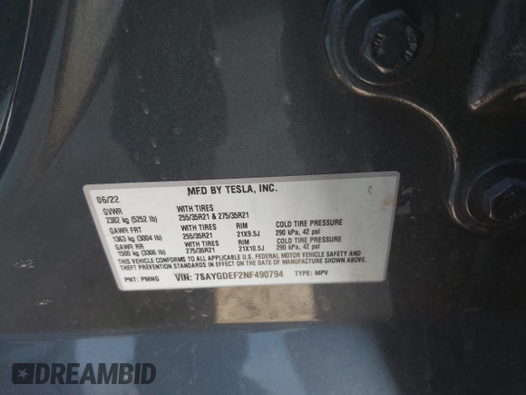 2022 Tesla Model Y Performance z VIN 7SAYGDEF2NF490794, wystawiony jako IAAI lot #42218742 z przebiegiem 41 402 mil mil oraz . Historia ofert i sprzedaży dostępna na DreamBid. Obrazek 9.