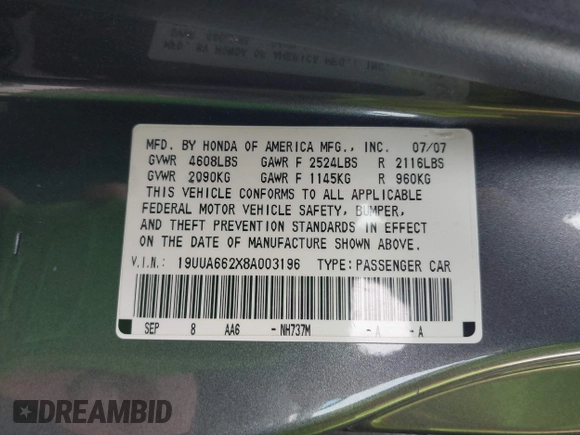 2008 Acura TL with VIN 19UUA662X8A003196, listed as a IAAI auction lot 42033986 with 185,330 mi miles. Bid and sale history available at carsss.com. Image 9.