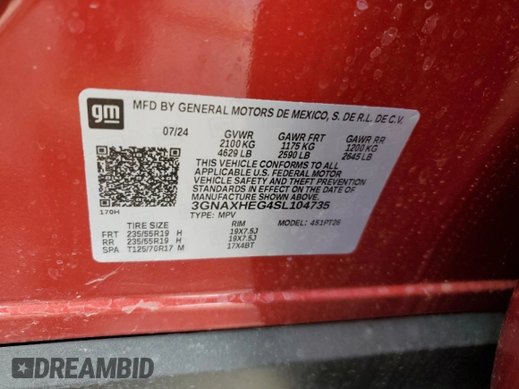 2025 Chevrolet Equinox FWD LT with VIN 3GNAXHEG4SL104735, listed as a Copart auction lot 50981305 with 3,361 mi miles and Salvage Title. Bid and sale history available at DreamBid. Image 14.