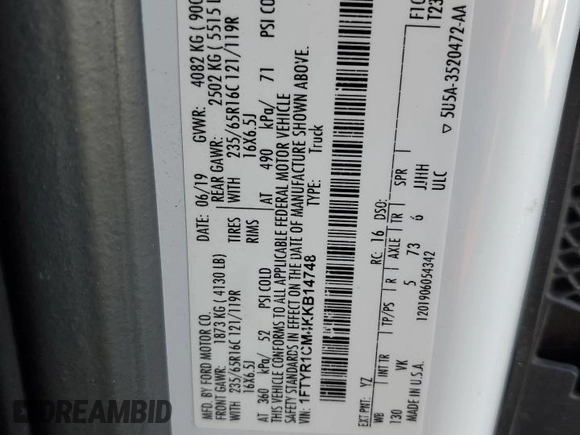 2019 Ford Transit z VIN 1FTYR1CM4KKB14748, wystawiony jako Copart lot #72672364 z przebiegiem 109 236 mil mil oraz Szkoda całkowita • Salvage title. Historia ofert i sprzedaży dostępna na DreamBid. Obrazek 13.