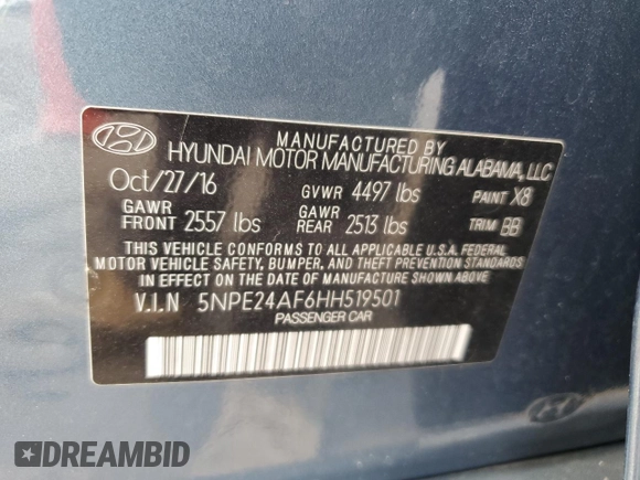 2017 Hyundai Sonata 2.4L with VIN 5NPE24AF6HH519501, listed as a Copart auction lot 53029545 with 90,226 mi miles and Salvage Title. Bid and sale history available at carsss.com. Image 12.
