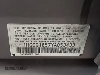 2000 Honda Accord EX z VIN 1HGCG1657YA053433, wystawiony jako IAAI lot #42322643 z przebiegiem 146 517 mil mil oraz . Historia ofert i sprzedaży dostępna na DreamBid. Obrazek 9.
