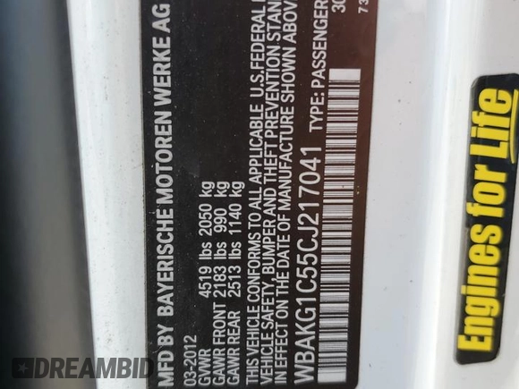 2012 BMW 3 Series 335is with VIN WBAKG1C55CJ217041, listed as a Copart auction lot 54492065 with 160,018 mi miles and Salvage title. Bid and sale history available at DreamBid. Image 12.