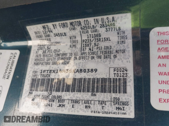 1995 Ford F-150 z VIN 1FTEX14H3SKA80389, wystawiony jako IAAI lot #42686705 z przebiegiem 192 784 mil mil oraz . Historia ofert i sprzedaży dostępna na DreamBid. Obrazek 9.