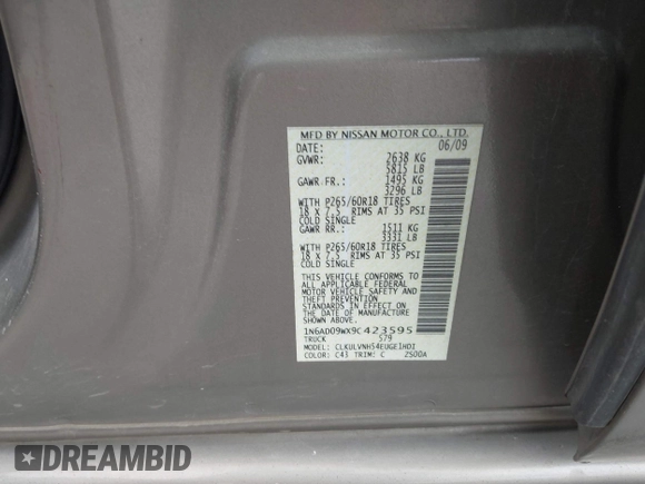 2009 Nissan Frontier SE z VIN 1N6AD09WX9C423595, wystawiony jako IAAI lot #42210046 z przebiegiem 117 142 mil mil oraz . Historia ofert i sprzedaży dostępna na DreamBid. Obrazek 9.