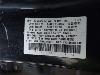 2015 Honda Accord Sedan LX with VIN 1HGCR2F36FA047893, listed as a IAAI auction lot 41703153 with 160,946 mi miles. Bid and sale history available at carsss.com. Image 9.