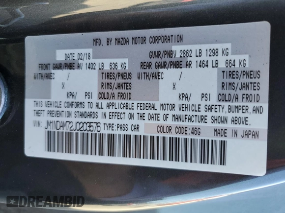 2018 Mazda MX-5 Miata Grand Touring with VIN JM1NDAM72J0203576, listed as a Copart auction lot 61871645 with 20,793 mi miles and Salvage title. Bid and sale history available at DreamBid. Image 14.