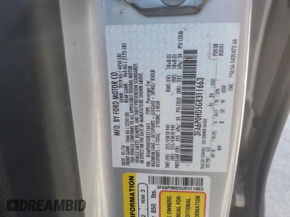 2016 Ford Fusion SE with VIN 3FA6P0HD5GR311663, listed as a Copart auction lot 62287135 with 123,487 mi miles and Clean title. Bid and sale history available at DreamBid. Image 12.