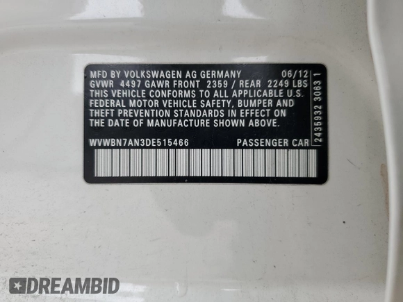 2013 Volkswagen CC Sport z VIN WVWBN7AN3DE515466, wystawiony jako Copart lot #56829715 z przebiegiem 171 667 mil mil oraz Czysty tytuł • Clean title. Historia ofert i sprzedaży dostępna na DreamBid. Obrazek 12.