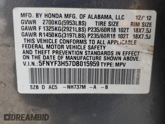 2013 Honda Pilot EX-L with VIN 5FNYF3H57DB015959, listed as a Copart auction lot 63993085 with Not provided miles and Clean title. Bid and sale history available at DreamBid. Image 13.