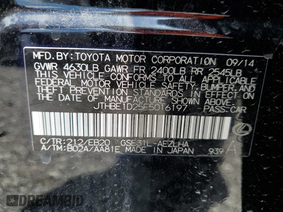 2015 Lexus IS 350 with VIN JTHBE1D25F5016197, listed as a Copart auction lot 55535365 with 56,987 mi miles and Salvage title. Bid and sale history available at DreamBid. Image 12.