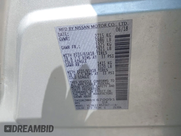 2018 Nissan Pathfinder SL with VIN 5N1DR2MM4JC670095, listed as a IAAI auction lot 42478486 with 291,630 mi miles and . Bid and sale history available at DreamBid. Image 9.