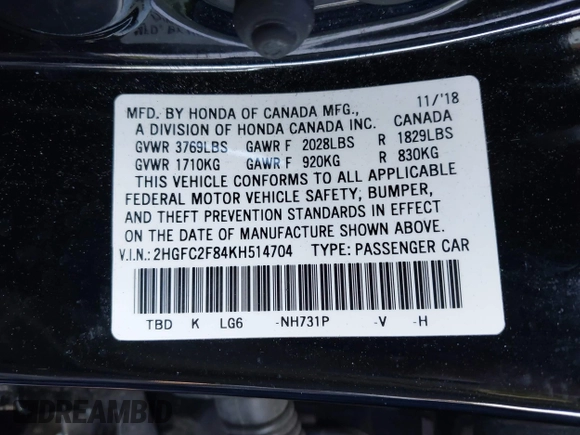 2019 Honda Civic Sport with VIN 2HGFC2F84KH514704, listed as a IAAI auction lot 41225362 with 43,111 mi miles and . Bid and sale history available at DreamBid. Image 9.