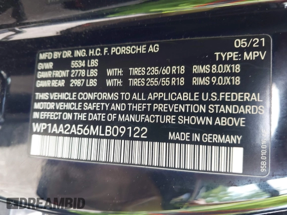 2021 Porsche Macan with VIN WP1AA2A56MLB09122, listed as a IAAI auction lot 42274986 with 70,794 mi miles and . Bid and sale history available at DreamBid. Image 9.