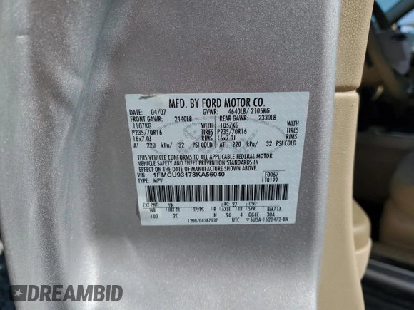 2008 Ford Escape XLT with VIN 1FMCU93178KA56040, listed as a Copart auction lot 58742955 with 151,383 mi miles and Salvage title. Bid and sale history available at DreamBid. Image 13.
