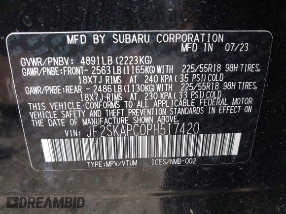 2023 Subaru Forester Limited with VIN JF2SKAPC0PH517420, listed as a IAAI auction lot 42502337 with 16,754 mi miles and . Bid and sale history available at DreamBid. Image 9.