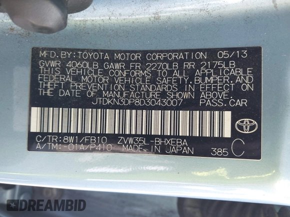 2013 Toyota Prius with VIN JTDKN3DP8D3043007, listed as a IAAI auction lot 41969696 with 659,037 mi miles and . Bid and sale history available at DreamBid. Image 9.