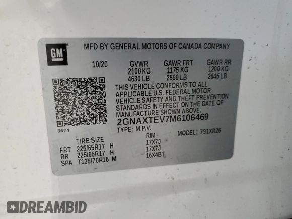 2021 Chevrolet Equinox LT with VIN 2GNAXTEV7M6106469, listed as a Copart auction lot 50258285 with 50,667 mi miles and Salvage Title. Bid and sale history available at DreamBid. Image 13.