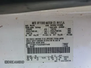 2002 Ford F-150 XL with VIN 1FTRF17252NB97448, listed as a Copart auction lot 59688015 with Not provided miles and Salvage title. Bid and sale history available at DreamBid. Image 12.