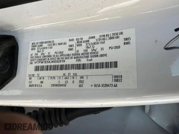 2018 Ford F-150 XL with VIN 1FTFW1E5XJKE02519, listed as a Copart auction lot 50268565 with 184,094 mi miles and Clean title. Bid and sale history available at DreamBid. Image 10.