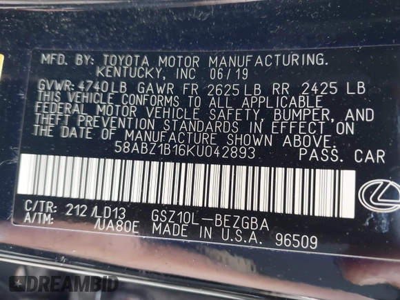 2019 Lexus ES 350 with VIN 58ABZ1B16KU042893, listed as a IAAI auction lot 42288578 with 13,765 mi miles and . Bid and sale history available at DreamBid. Image 9.