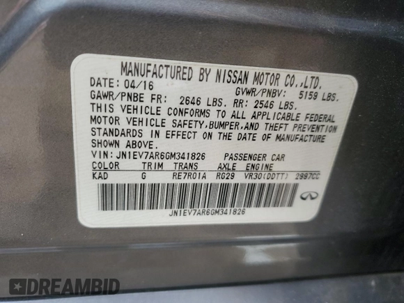 2016 Infiniti Q50 3.0t Premium with VIN JN1EV7AR6GM341826, listed as a Copart auction lot 41967155 with 71,858 mi miles and Salvage Title. Bid and sale history available at carsss.com. Image 12.