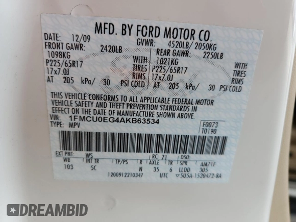 2010 Ford Escape Limited with VIN 1FMCU0EG4AKB63534, listed as a Copart auction lot 60538435 with 386,898 mi miles and Clean title. Bid and sale history available at DreamBid. Image 12.