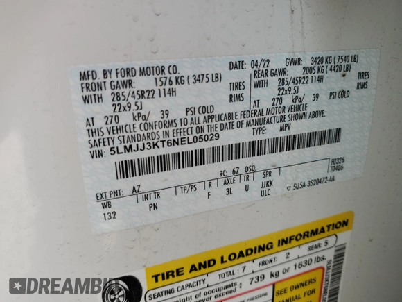 2022 Lincoln Navigator Reserve z VIN 5LMJJ3KT6NEL05029, wystawiony jako Copart lot #86290224 z przebiegiem Nie podano mil oraz Szkoda całkowita • Salvage title. Historia ofert i sprzedaży dostępna na DreamBid. Obrazek 13.