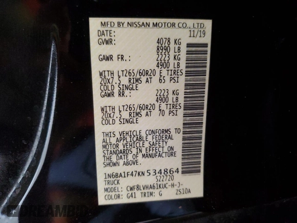 2019 Nissan Titan XD SL with VIN 1N6BA1F47KN534864, listed as a Copart auction lot 65651974 with 79,230 mi miles and Salvage Title. Bid and sale history available at carsss.com. Image 12.