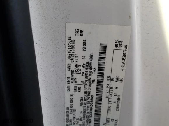 2019 Ford F-150 XL with VIN 1FTMF1C5XKKD08569, listed as a Copart auction lot 77838764 with 53,488 mi miles and Salvage Title. Bid and sale history available at carsss.com. Image 12.