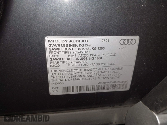 2021 Audi Q5 Premium Plus z VIN WA1BAAFY6M2130300, wystawiony jako IAAI lot #42250661 z przebiegiem 49 147 mil mil oraz . Historia ofert i sprzedaży dostępna na DreamBid. Obrazek 9.