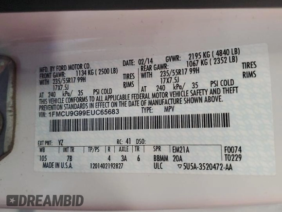 2014 Ford Escape SE z VIN 1FMCU9G99EUC65683, wystawiony jako Copart lot #60923565 z przebiegiem 195 340 mil mil oraz Szkoda całkowita • Salvage title. Historia ofert i sprzedaży dostępna na DreamBid. Obrazek 13.