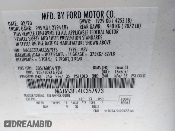 2020 Ford EcoSport S with VIN MAJ6S3FL4LC357973, listed as a IAAI auction lot 42030689 with 66,986 mi miles and . Bid and sale history available at DreamBid. Image 9.