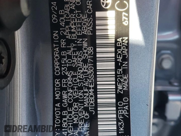2025 Toyota Corolla Hybrid LE with VIN JTDBDMHE5S3017138, listed as a Copart auction lot 88655055 with 342 mi miles and Salvage Title. Bid and sale history available at carsss.com. Image 12.