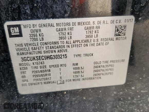 2017 Chevrolet Silverado 1500 LTZ with VIN 3GCUKSEC9HG303215, listed as a Copart auction lot 59415104 with Not Provided miles and Salvage Title. Bid and sale history available at DreamBid. Image 12.
