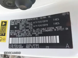 2015 Toyota Highlander Limited with VIN 5TDDKRFH5FS140709, listed as a IAAI auction lot 42152762 with 263,053 mi miles and . Bid and sale history available at DreamBid. Image 9.