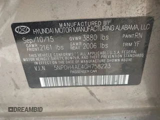 2016 Hyundai Elantra SE with VIN 5NPDH4AE4GH758223, listed as a IAAI auction lot 42576857 with 98,385 mi miles and . Bid and sale history available at DreamBid. Image 9.