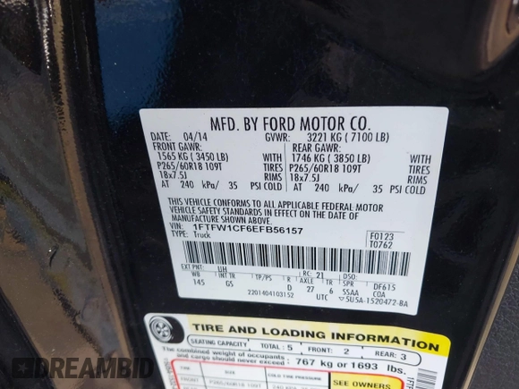 2014 Ford F-150 XL with VIN 1FTFW1CF6EFB56157, listed as a IAAI auction lot 41823200 with 167,937 mi miles. Bid and sale history available at carsss.com. Image 9.