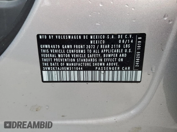 2014 Volkswagen Jetta Sedan S with VIN 3VW2K7AJ0EM311044, listed as a Copart auction lot 85212324 with 128,521 mi miles and Salvage Title. Bid and sale history available at carsss.com. Image 13.