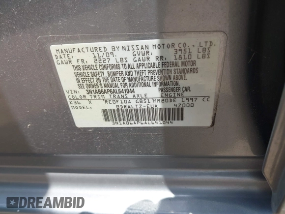 2010 Nissan Sentra S with VIN 3N1AB6AP6AL641044, listed as a IAAI auction lot 41859790 with Not Provided miles and . Bid and sale history available at carsss.com. Image 9.