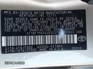 2012 Toyota Camry L z VIN 4T1BF1FKXCU035370, wystawiony jako IAAI lot #42073640 z przebiegiem 145 335 mil mil oraz . Historia ofert i sprzedaży dostępna na DreamBid. Obrazek 9.
